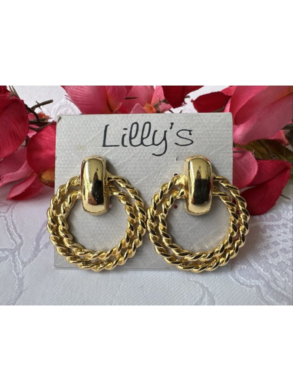 Lilly's Vintage Gold Tone DoorKnocker Braided Brass Earrings Post Back 1.35" NEW